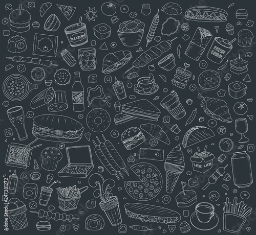 Set of Vector illustration Cartoon style. Fast food objects. This collection include hamburger, snack, burger, french fries, barbecue, drinks and other items.