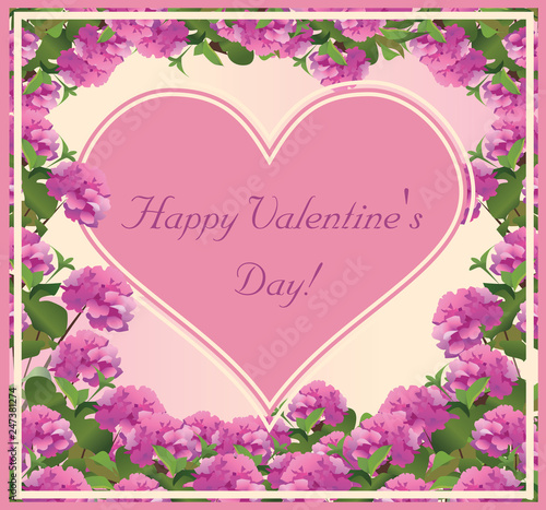 Valentine card with hydrangea flowers around a pink heart.