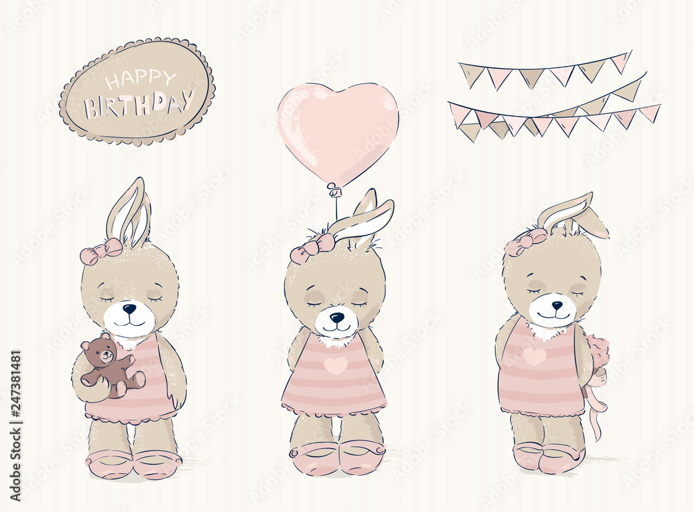 Cute rabbit illustration. This illustration is perfect for cards, greetings, decorations. Hare, balloon and ribbons. Cute rabbit illustration. This illustration is perfect for cards, greetings, decorations. Hare, balloon and ribbons.