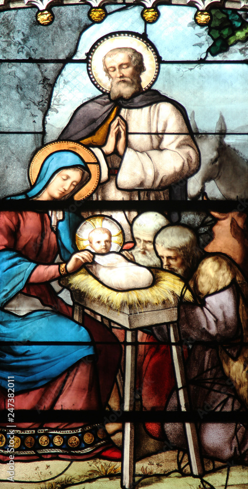 Nativity Scene, Adoration of the Shepherds, stained glass, Saint Severin church, Paris, France Nativity Scene, Adoration of the Shepherds, stained glass, Saint Severin church, Paris, France