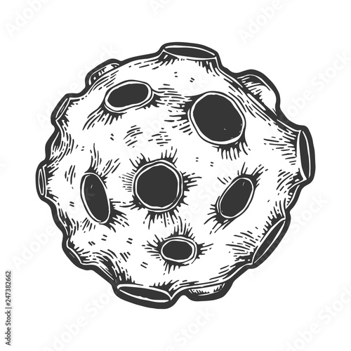 Asteroid meteorite planet with impact crater engraving vector illustration. Scratch board style imitation. Black and white hand drawn image.
