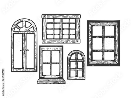 House wooden old windows engraving vector illustration. Scratch board style imitation. Black and white hand drawn image.