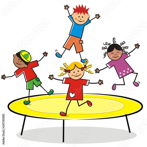 Happy children jumping on a trampoline. Funny vector illustration.	