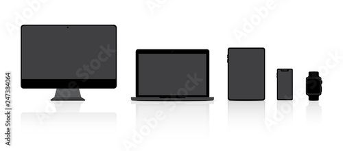 Mock up Realistic Monitor, Laptop, Tablet, Smart Phone and Smart Watch Product background vector