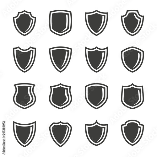 Monochrome vector illustration of a set shields icons, isolated on a white background.