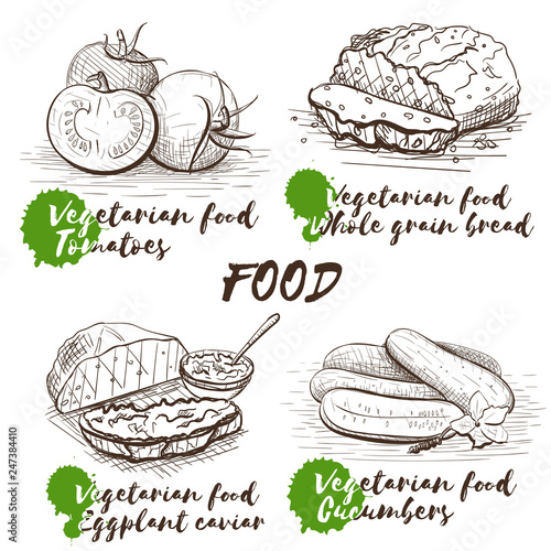 Monochrome vector sketch veggie dishes. Vintage set. Isolated vector illustration. Organic healthy food. Vintage hand drawn template with vegan dishes for decorative design. Restaurant menu.
