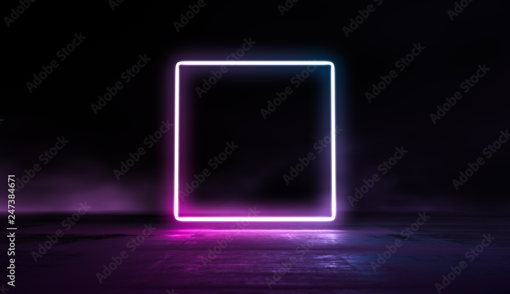 Glowing lines vibrant colors abstract background. Neon pink blue lights in empty space with smoke. 3d render. Glowing lines vibrant colors abstract background. Neon pink blue lights in empty space with smoke. 3d render.