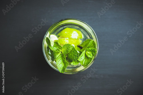 Lime and mint drink glass. Selective focus.