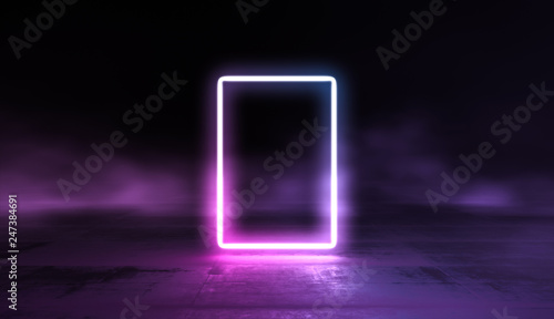 Glowing lines vibrant colors abstract background. Neon pink blue lights in empty space with smoke. 3d render.