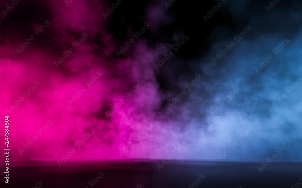 Empty scene  with glowing pink and blue smoke environment atmosphere on floor.  Fashion vibrant colors spectrum background. 3d rendering.