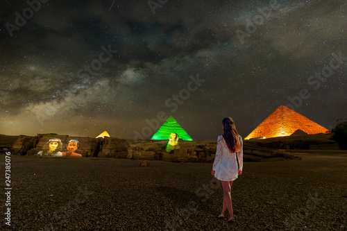 Giza pyramids and Sphinx light up at night photo