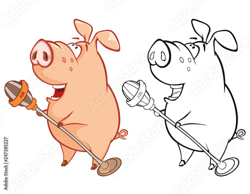 Vector Illustration of a Cute Pig Musician. Coloring Book Cartoon Character 