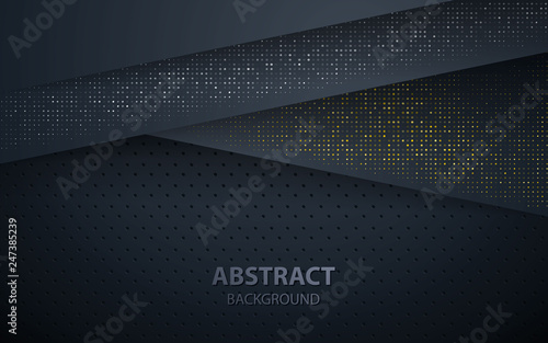 Dark abstract background with black overlap layers. Texture with silver and golden glitters dots element decoration.
