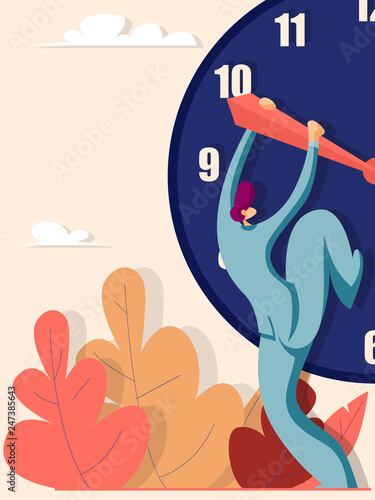 Businessman trying to stop the time. Business concept. Vector illustration in flat style