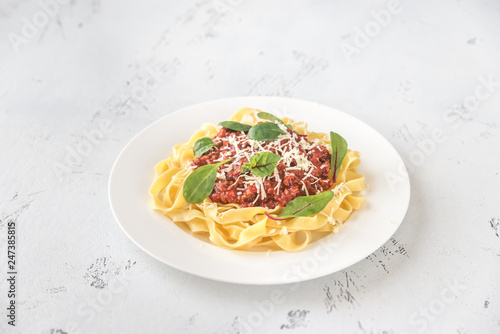 Portion of tagliatelle with bolognese sauce