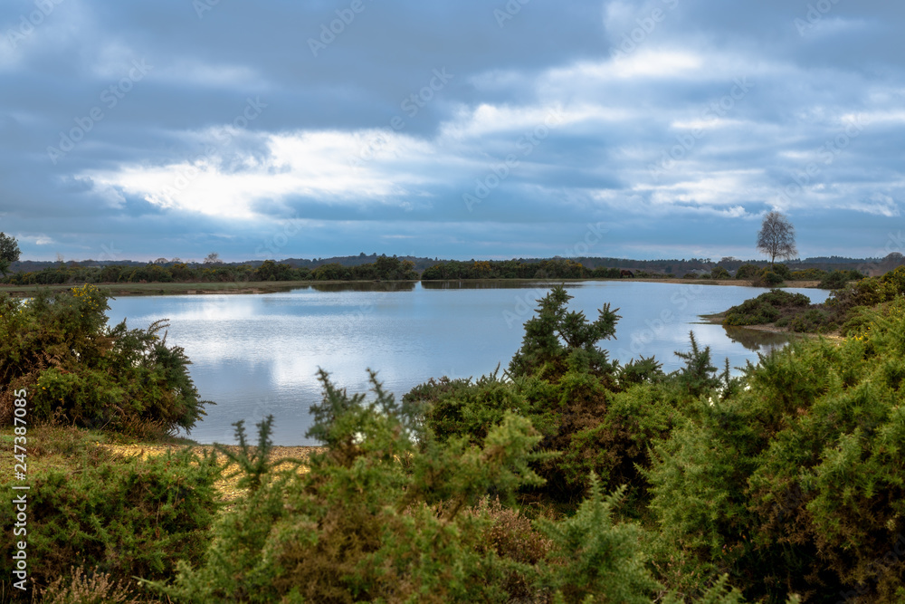 Stormy clouds over lake in New Forest countryside