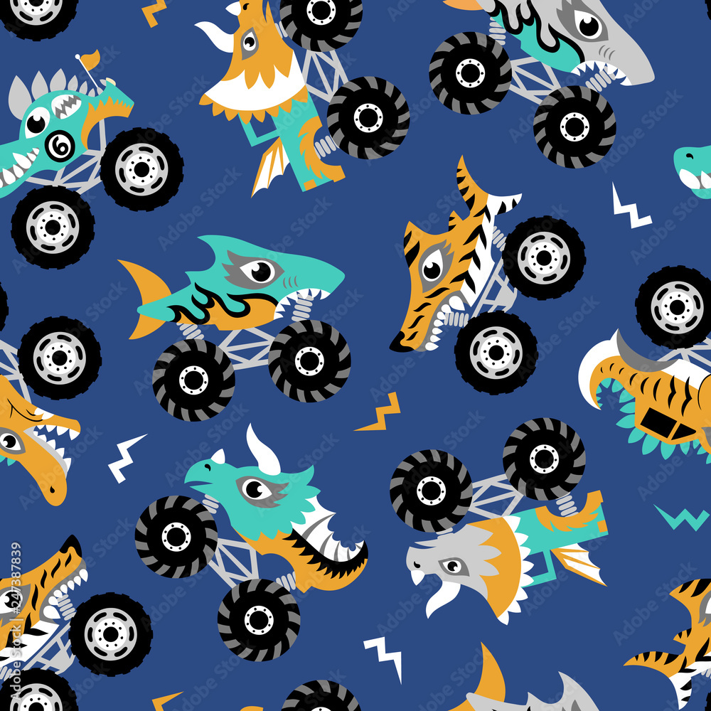 Scary animal monster trucks seamless vector pattern on dark blue background.  