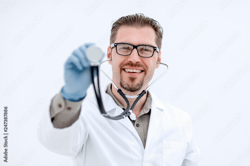 medical specialist, showing it with a stethoscope