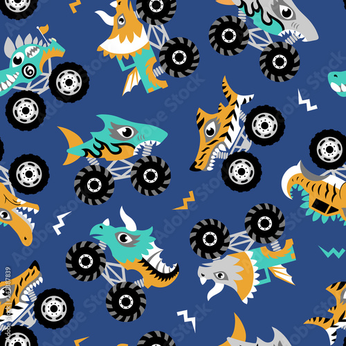 Scary animal monster trucks seamless vector pattern on dark blue background.  