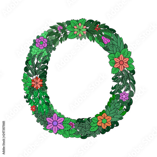 The letter O -  bright element of the colorful floral alphabet on a white background. Made from flowers, twigs and leaves. Floral spring ABC element in vector.