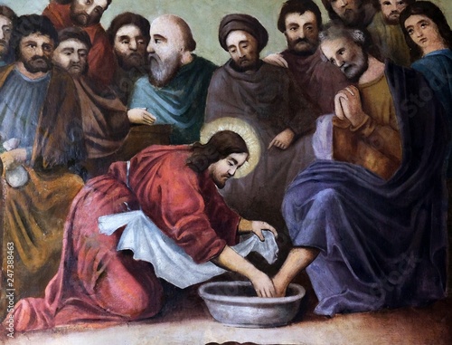 Jesus washes the feet of Peter, fresco in the church of Saint Matthew in Stitar, Croatia 