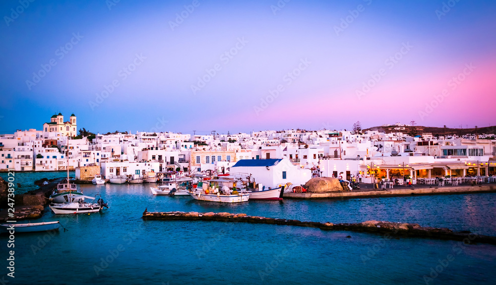 Amazing architecture and berth view of evening greek island Paros