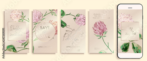 Editable instagram story template pack with clover flowers and leaves. social media stories wallpapers. Wedding invitation with rose and gold clover, leaves 