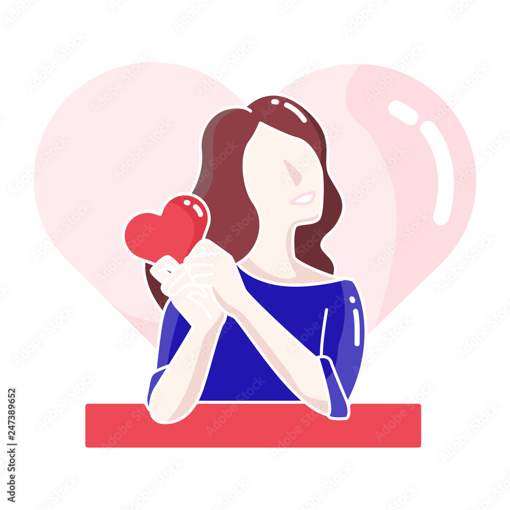 Woman character holding loving heart in her hand Vector Illustration Woman character holding loving heart in her hand Vector Illustration