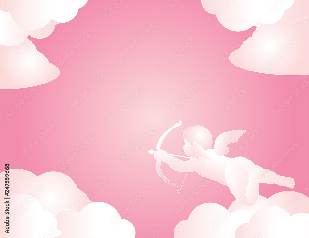 Cute Cupid holding arrow with clouds on pink background, Vector Illustration