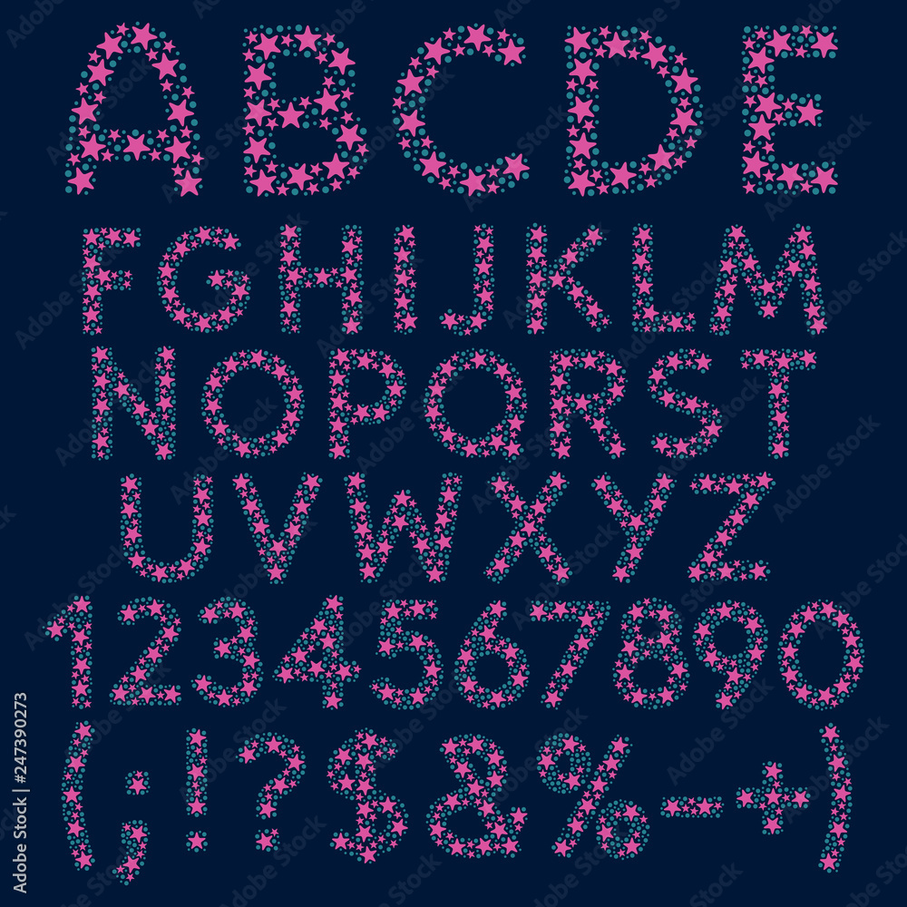 Alphabet, letters, numbers and signs from pink stars and blue circles. Isolated vector objects.