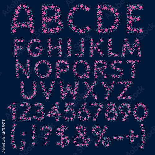 Alphabet, letters, numbers and signs from pink stars and blue circles. Isolated vector objects.