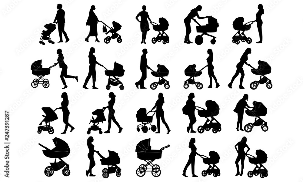 collection of silhouette images of baby strollers