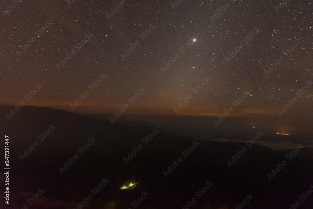 Night Landscape and Star On The Mountain in Kanchanaburi Province, Thailand
