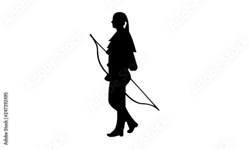 silhouette image of a girl walking while holding an arrow.