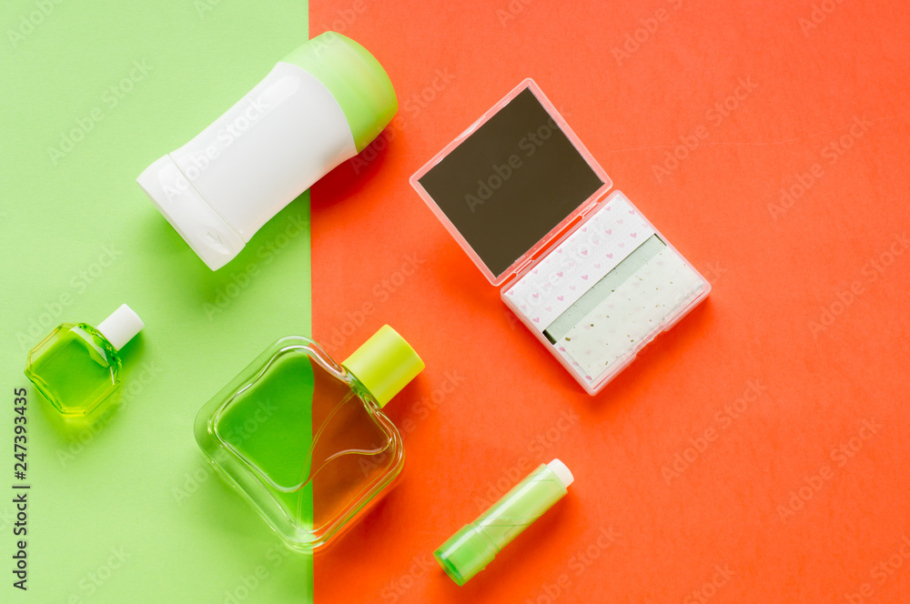 Hygienic cosmetics set for skin freshness. Clean beauty concept Hygienic cosmetics set for skin freshness. Clean beauty concept