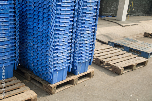 Blue Plastic container box Stack Storage Logistic business on pallets