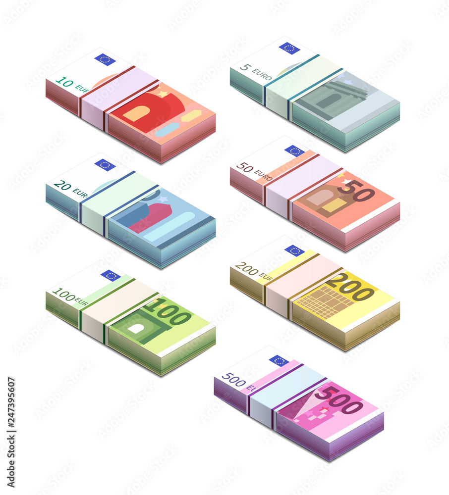 Large set of different euro banknotes in stacks in isometric view. Five, ten, twenty, fifty, one hundred, two hundreds and five hundreds pile notes on white Large set of different euro banknotes in stacks in isometric view. Five, ten, twenty, fifty, one hundred, two hundreds and five hundreds pile notes on white