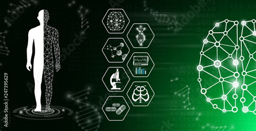 abstract background technology concept in green light,human body heal,technology modern medical science in future and global international medical with tests analysis clone DNA human