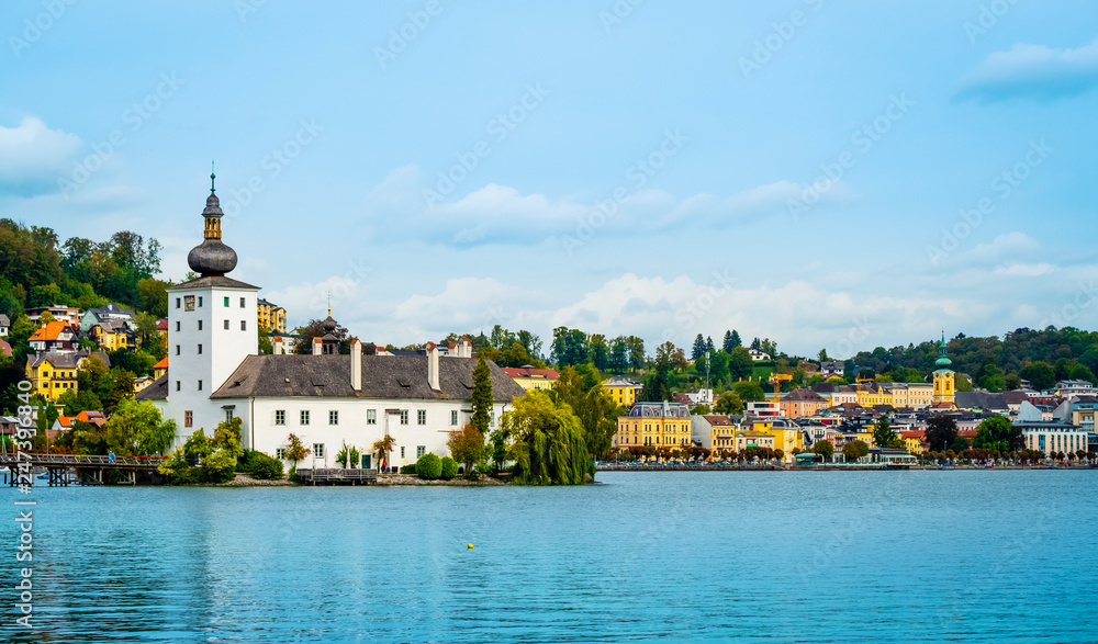 Beautiful view of white lake castle Schloss Ort in Gmunden,Austria