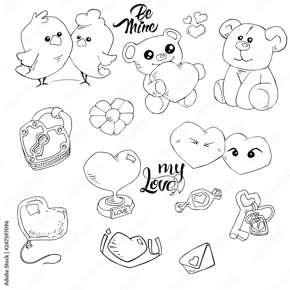 Set of hand drawn doodle love elements  Valentine's Day card, sticker, stamp design. Vector illustration with heart, love, birds, cord, lock, keys, pendant, bear, text. Hand drawn sketch style.