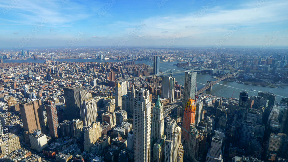 Wide angle aerial view over Manhattan New York