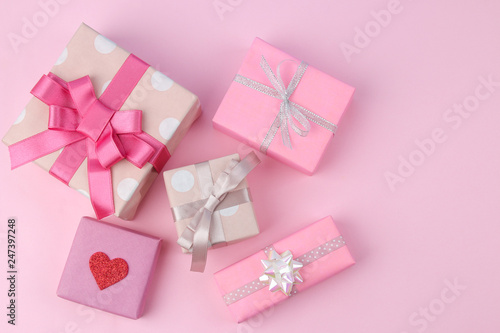 Gift boxes. Gifts on a gentle pink background. view from above. Holidays. Valentine's Day. women's Day. mother's day. © MK studio