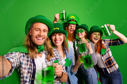 Self-portrait of nice cool attractive cheerful glad positive stylish people guys ladies wearing costumes holding clinking jar craft beer ale isolated over bright vivid shine background