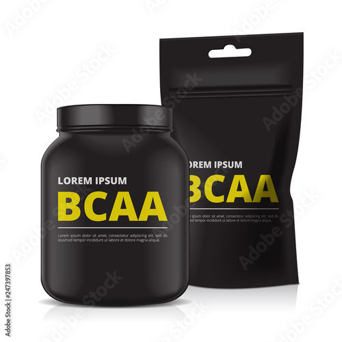 Black Plastic Jar and foil doy pack isolated on white background. Sport Nutrition, Whey Protein or Gainer