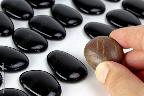 Black pebbles on white background with brown pebble. photo