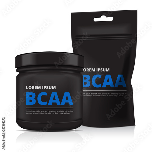 Black Plastic Jar and foil doy pack isolated on white background. Sport Nutrition, Whey Protein or Gainer