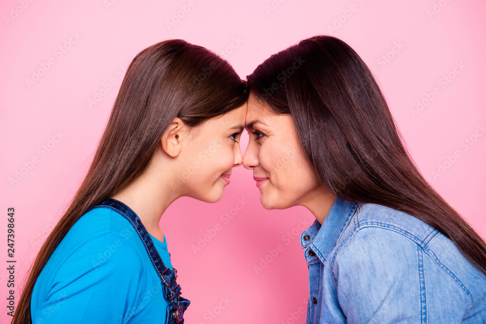 Close-up profile side view portrait of two nice cute pretty lovely attractive sweet cheerful cheery positive straight-haired girls nose to nose isolated over pink pastel background Close-up profile side view portrait of two nice cute pretty lovely attractive sweet cheerful cheery positive straight-haired girls nose to nose isolated over pink pastel background