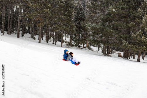 Children playing with a sled on the snow