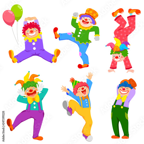 Set of cartoon happy clowns in different poses