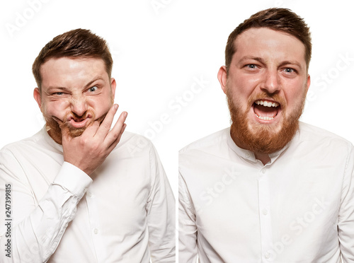 Studio portrait of young grimacing and laughing man